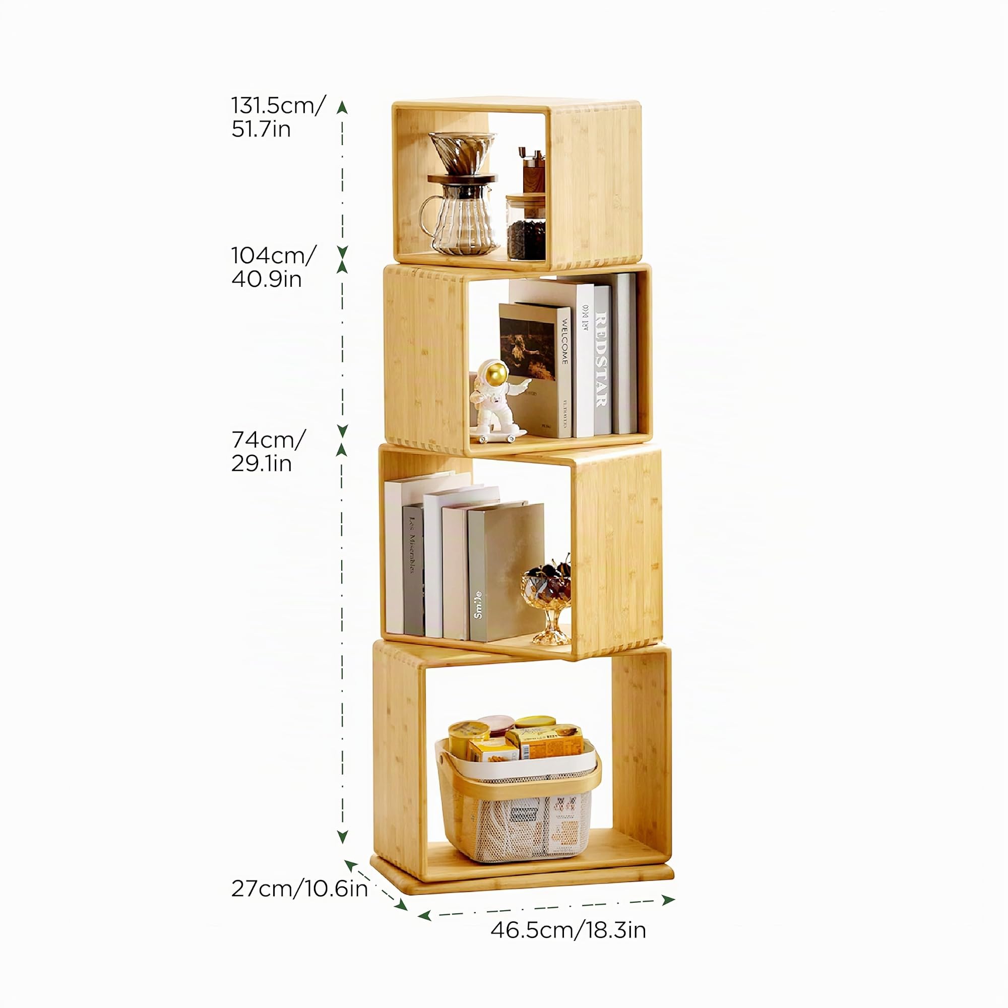 Drehbares Bambus-Würfel-Bücherregal | Freistehendes modernes Display-Speicher-Organisator-Bücherregal-Turm | Eck-Bücherregal & Beistelltisch für Wohnzimmer, Schlafzimmer, Heimbüro (Groß, Etagen, 4)