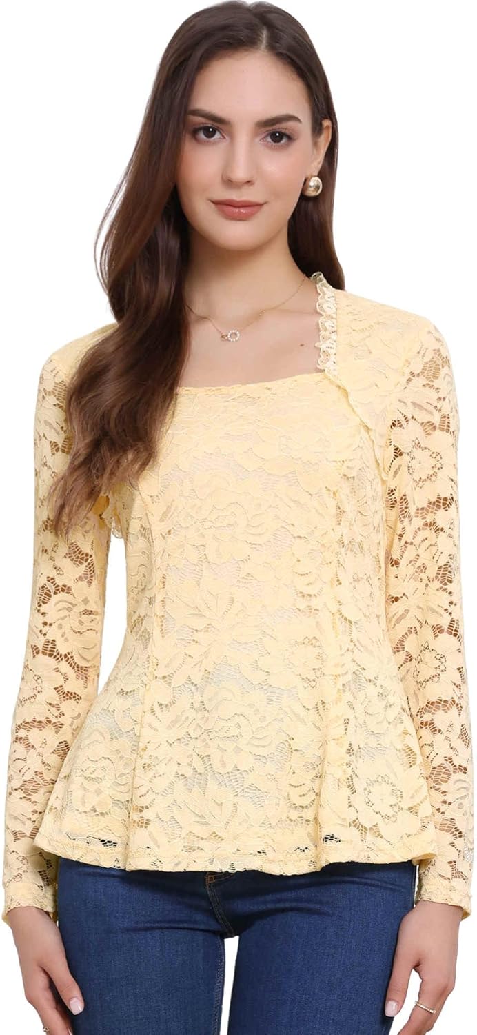 Allegra K Lace Tops for Women's Square Neck Long Sleeve Stertch Elegant Casual Peplum Blouse Top