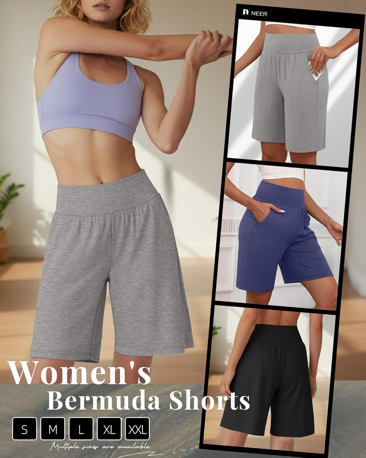 Neer 3 Pack Women's Bermuda Shorts, High Waist Basic Stretch Casual Bottoms Knee Length Summer Athletic Short with Pockets - Image 6