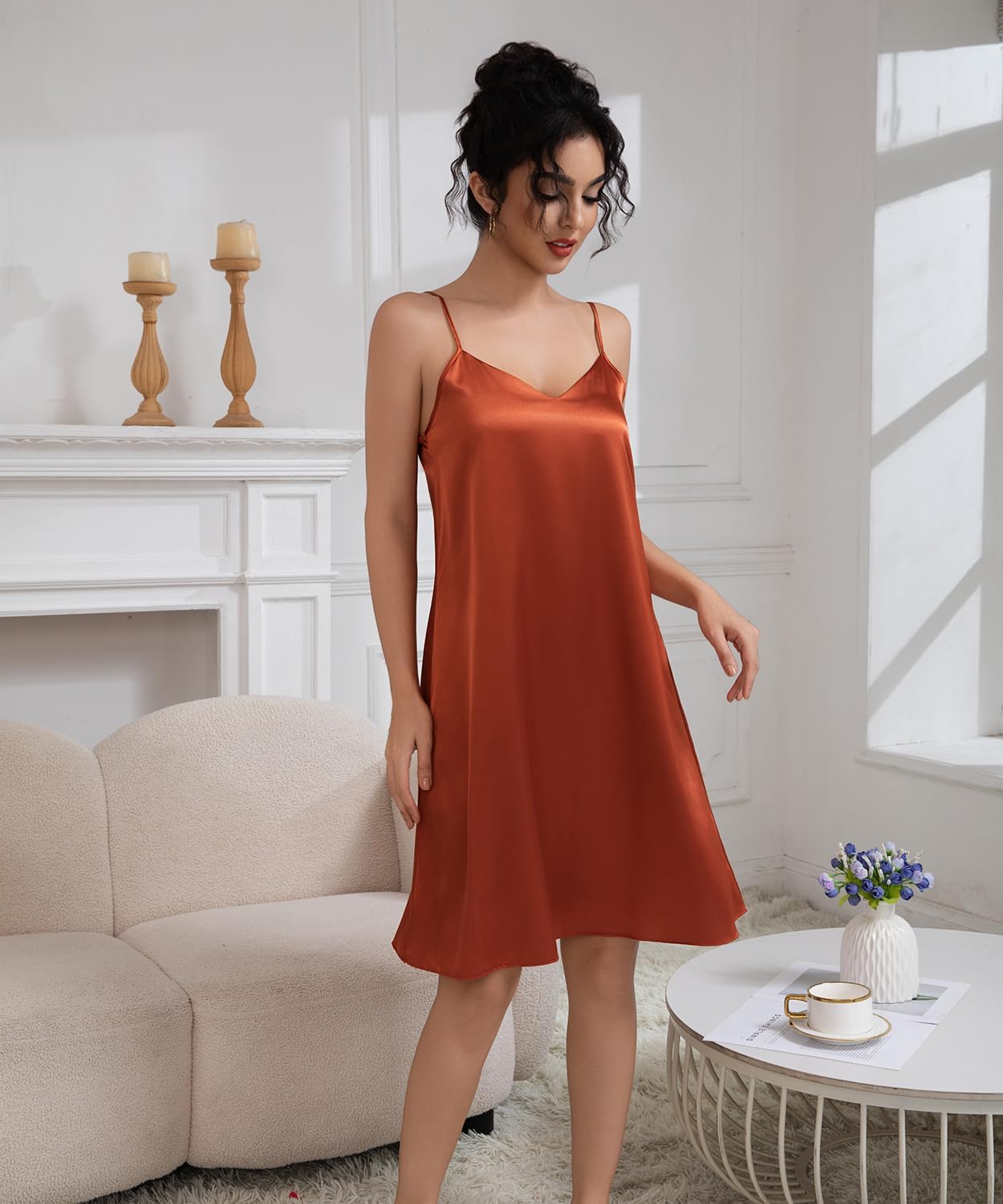 Maxbee Nightgowns for Women Silk Satin Sleepwear Adjustable Spaghetti Strap Sleepshirt Racerback Sleep Dress - Image 4