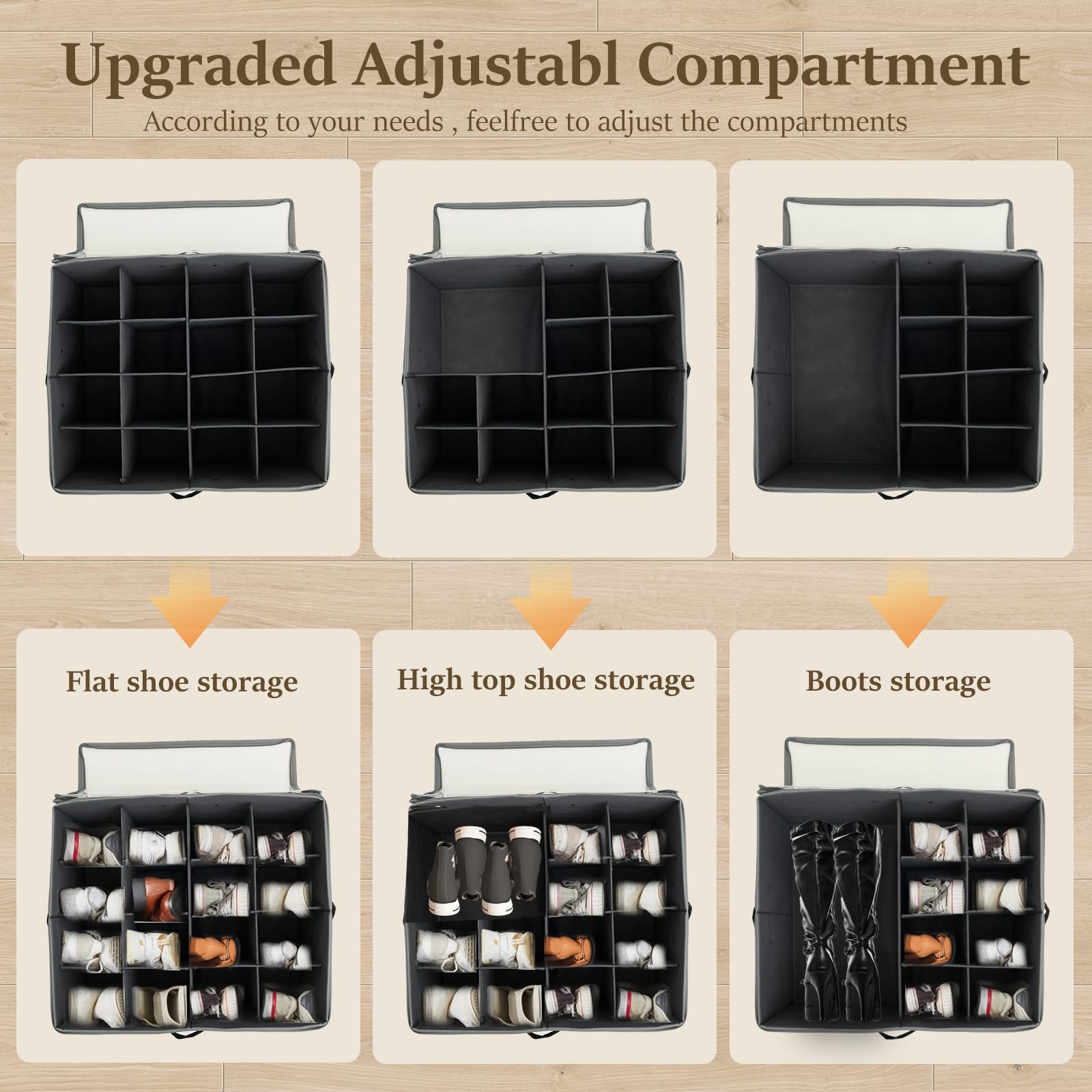 Boîte de rangement pliable pour 16 paires de chaussures avec séparateurs réglables, couvercles transparents et 2 poches en maille, idéale pour les chaussures et les accessoires