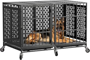 Snuowu 48 Inch Heavy Duty Dog Crate with Wheels, Metal Big Dog Cage for Large and Medium Dogs, Extra Large XL XXL Indestructible Dog Crate with Removable Tray.