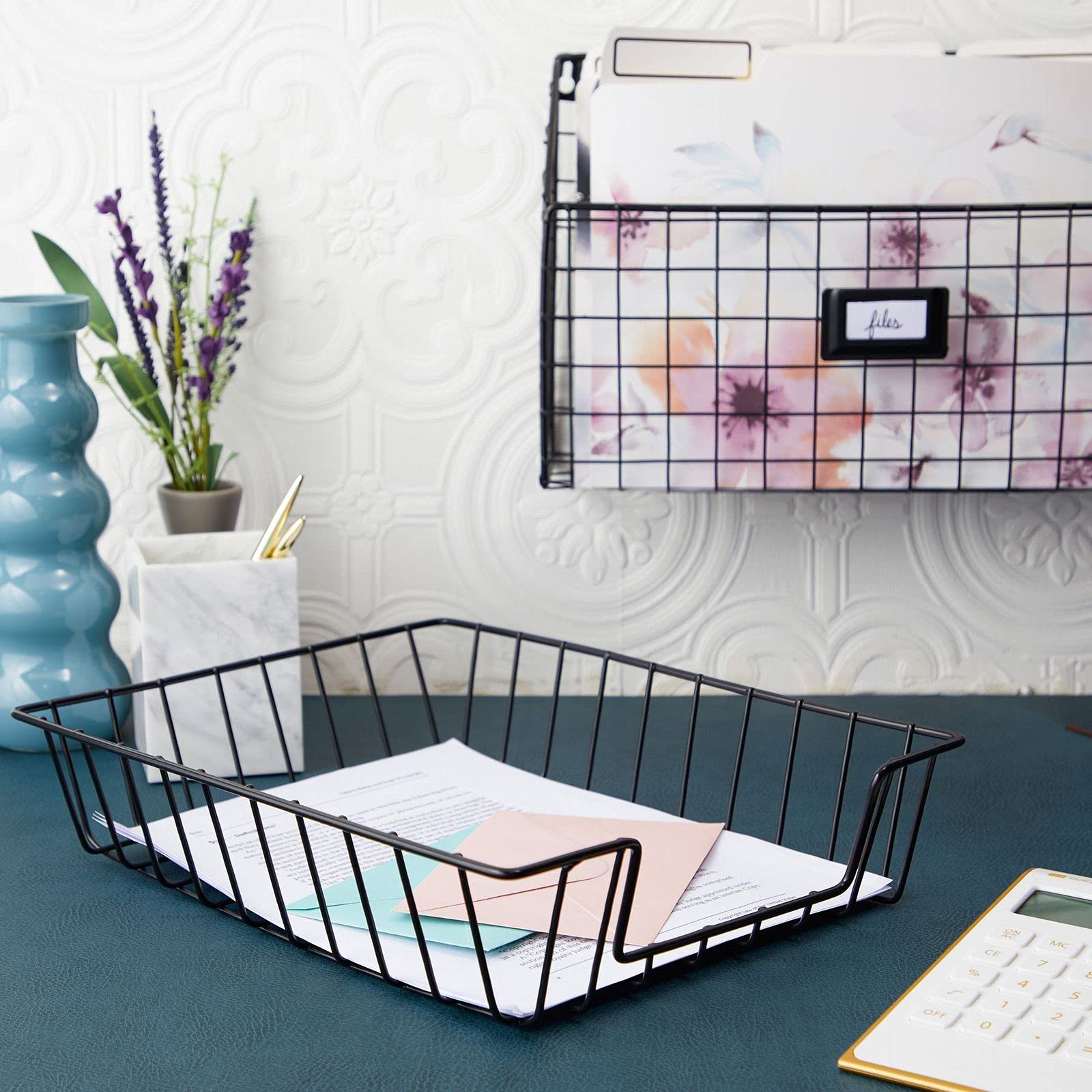Wire Desk Tray Organizers per carta formato lettera, cesti neri per aula (confezione da 3)