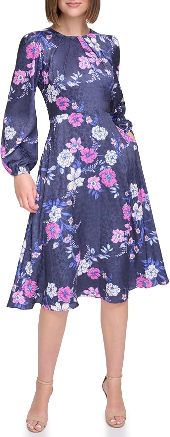 Jessica Howard Womens Floral Poet Sleeve Midi Dress Satin Jacquard Boat Neck Dress