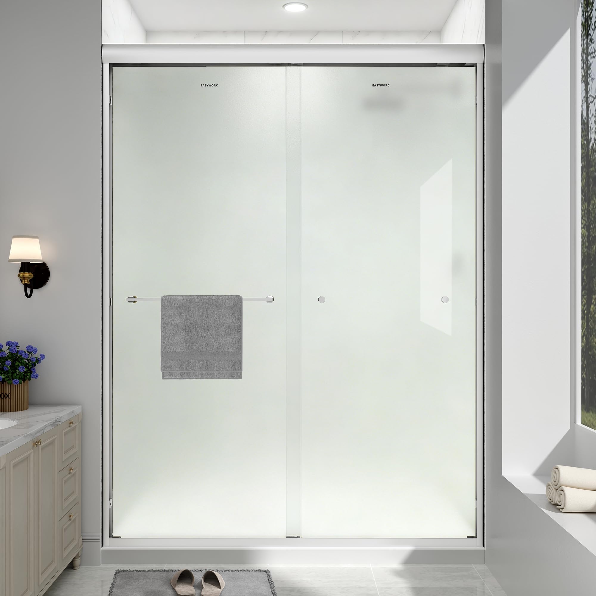 Photo 1 of ***PARTIAL SET - PRICE ADJUSTED***EASYWORC Double Sliding Shower Door, 55"-60" W x 70" H Semi-Frameless Frosted Shower Door, 1/4'' (6mm) Frosted SGCC Tempered Glass with Nano Coating and Explosion-Proof Film, Brushed Nickel