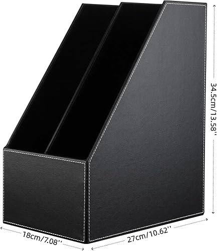 Miniatura 3 de KINGFOM Organizador de carpetas de archivos de escritorio de cuero sintético de madera y soporte para archivos de documentos, revistero, 2 ranuras