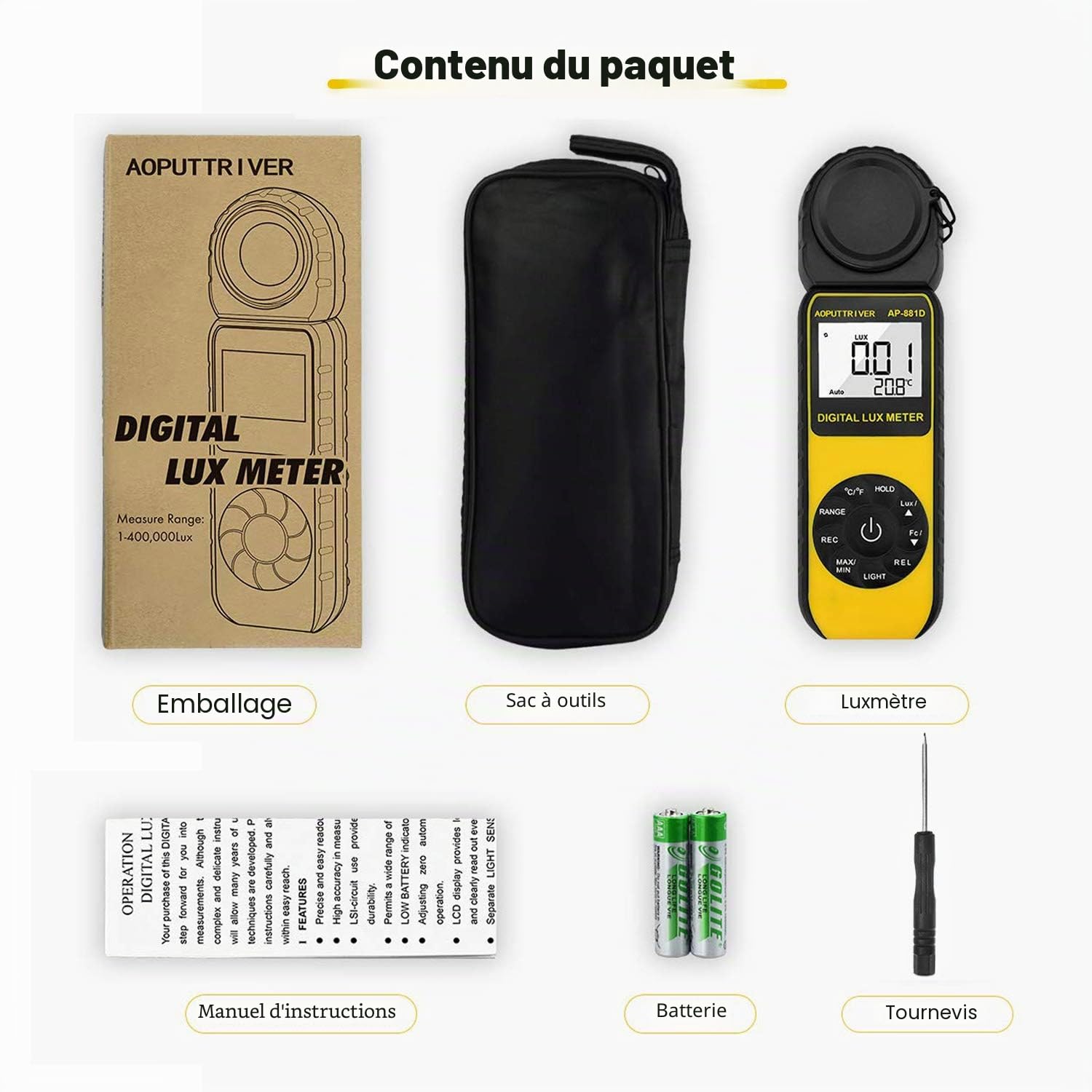 Luxmètre Numérique,Luxmetre Numerique Gamme de Compteurs D'éclairage Allant Jusqu'à 400 000 lux, Posemètre Numérique Portable Température Ambiante ISO, ROHS, GMC Approuvé