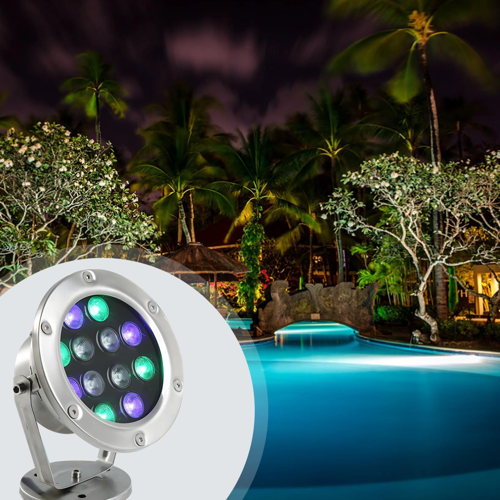 Luz subacuática RGB de 9 W, lámpara de estanque que cambia de color, sumergible, carcasa de acero inoxidable