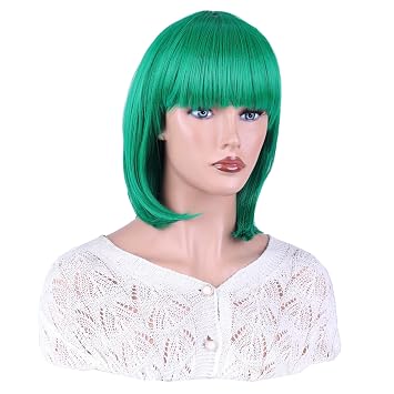 SOUTHSKY Fashion Green Bob Wig Short Straight with Fringe Flat Bangs Heat Resistant Fiber Synthetic Wig with for Women Lady Party Halloween Costumes Cosplay 30cm/ 12