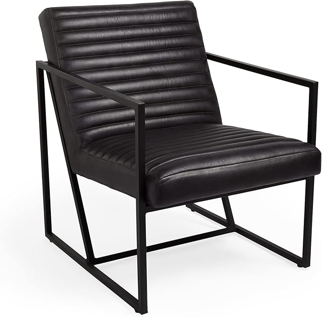 Spinningfield 100% Leather Accent Chair - Real Buffalo Leather Lounge Corner Chair in Black with Mid Century Style, Cushioned Iron Frame & Soft Leather, Multifunctional Chair for Lounge & Living Room