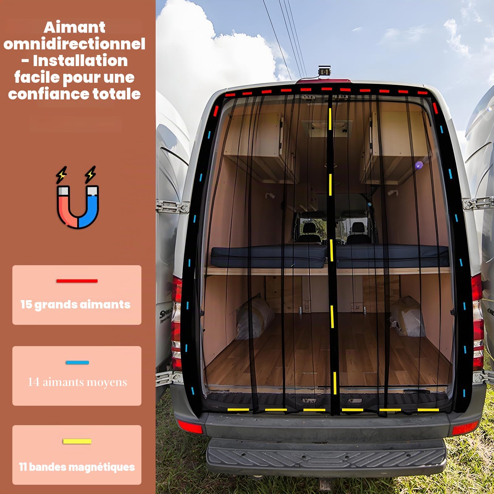 XCBYT Couvre-moustiquaire magnétique pour van, moustiquaire pour voiture, moustiquaire universelle à aimants, fermeture magnétique centrale, pour camping-cars, porte latérale/coffre, moustiquaire de