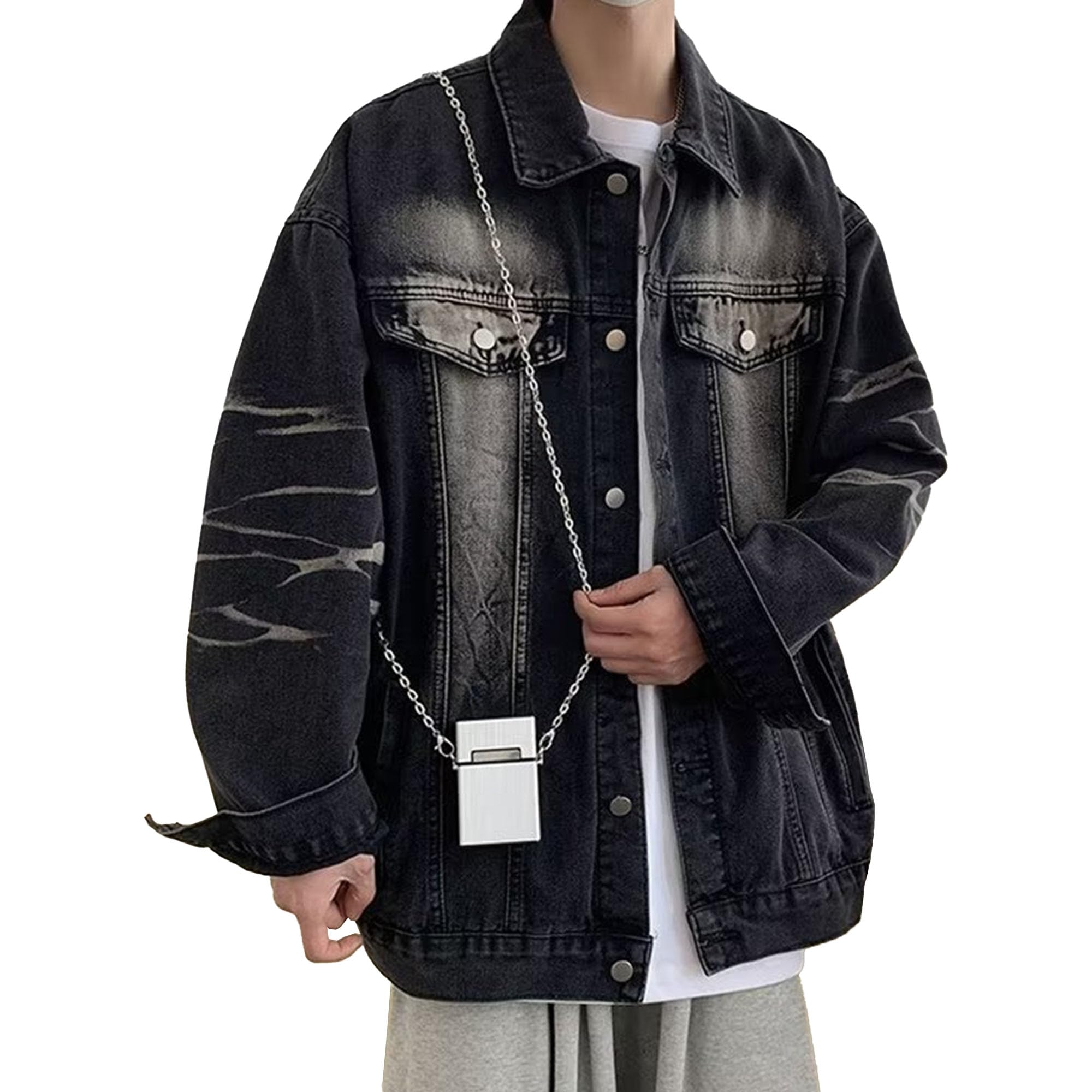 Veste en jean unie style classique revers et poches amples
