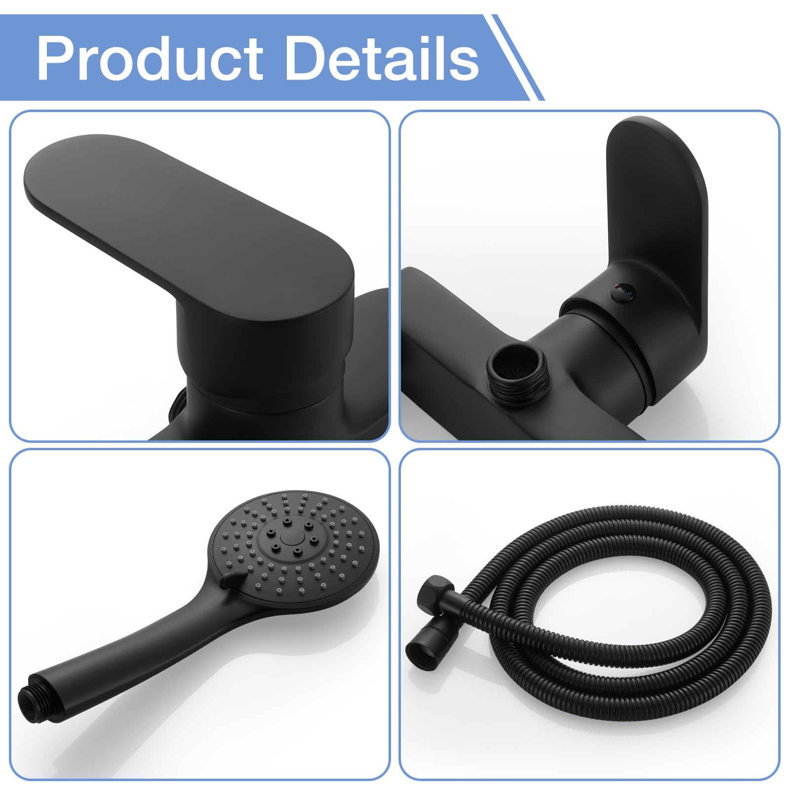 Grifo Ducha Negro con Alcachofa de Mano, Grifo de Ducha Monomando con Cabezal Ducha 3 Funciones, Manguera y Soporte, Griferia Ducha Negro Mate