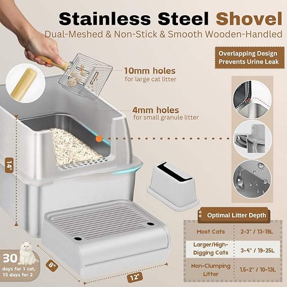 Fully Enclosed XXL Stainlessss Steel Litter Box with Lid, 8 Deep Pan, Large Stainless Steel Cat Litter Box for Big Cat with Scoop, Step Board, Mat, Brush, Odor-Free, Anti-Leak, Non-Stick (Light Gray)