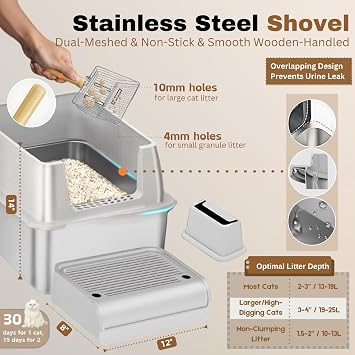 Fully Enclosed XXL Stainlessss Steel Litter Box with Lid, 8 Deep Pan, Large Stainless Steel Cat Litter Box for Big Cat with Scoop, Step Board, Mat, Brush, Odor-Free, Anti-Leak, Non-Stick (Light Gray)