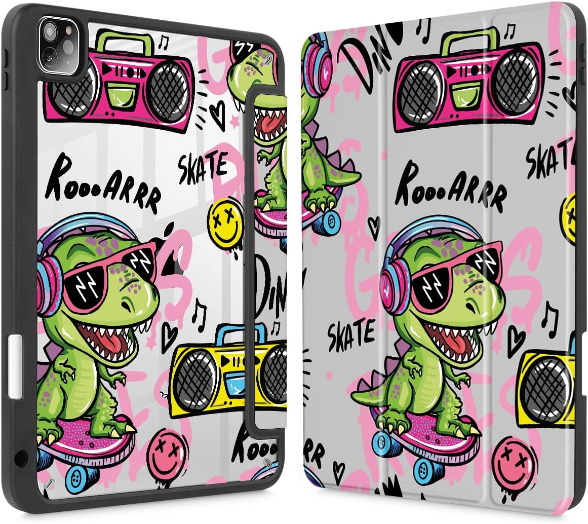 Mektron Case for iPad Pro 11 inch (4th, 3rd, 2nd & 1st Gen) 2022 2021 2020 2018, Buit in Pencil Holder with Shockproof Cover Clear Shell + Trifold Stand + Auto Wake/Sleep, Cool Dinosaur