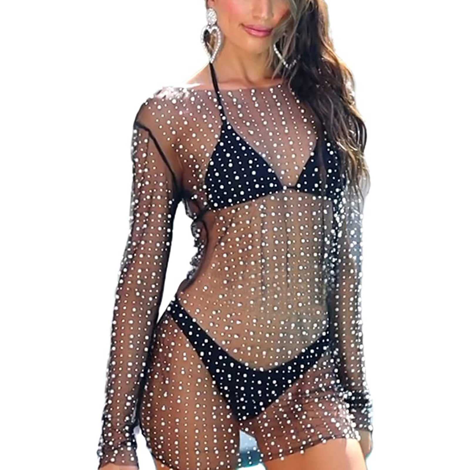 KTGGV Womens Fishnet Pearl Cover Up Sheer Mesh See Through Cover Up Dress for Beach Swimwear Bikini(Size:M,Color:Black)