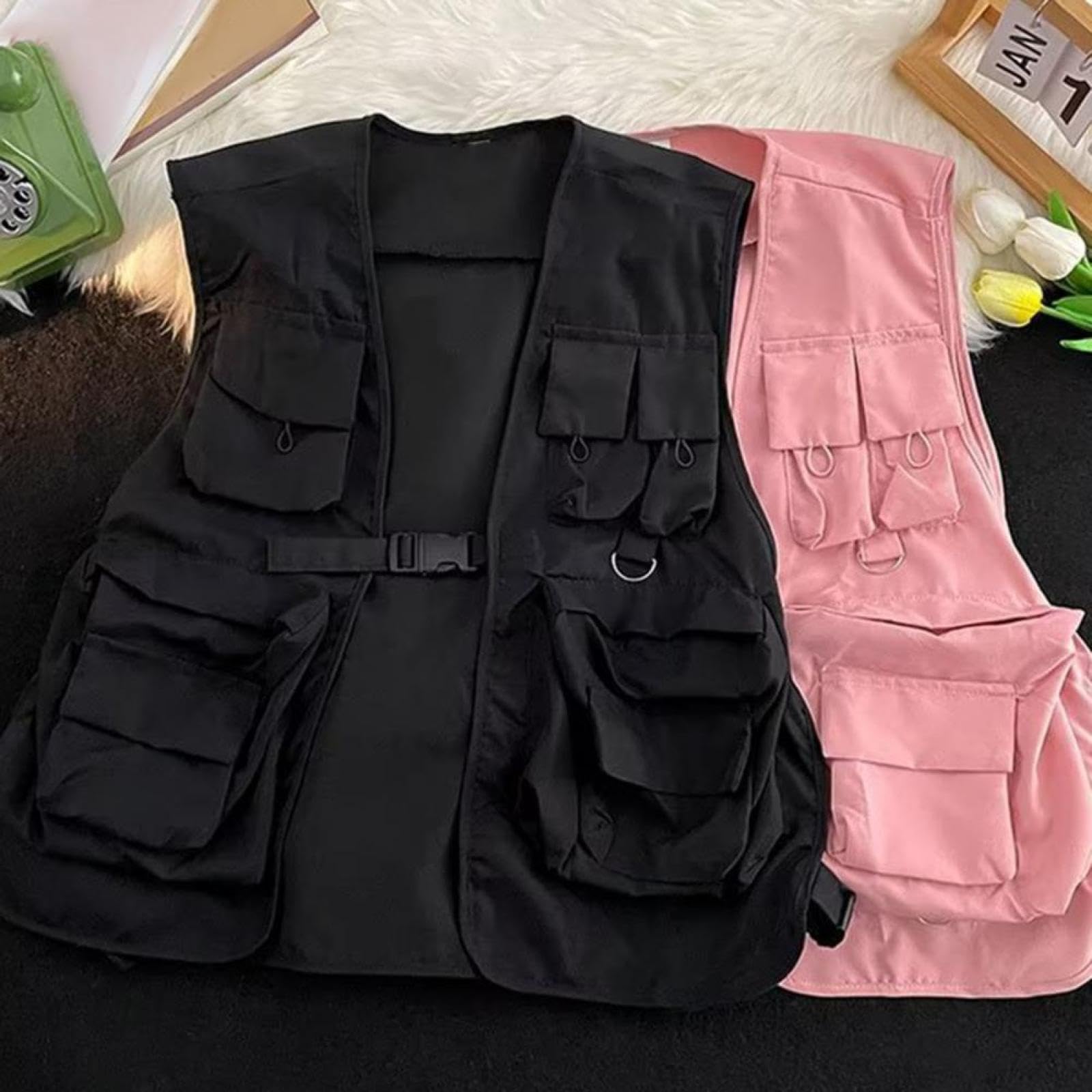 Gilet Vest Gilet Unisex Stile Hip-Hop Tinta Unita Gilet Senza Maniche Cappotto Chiusura con Fibbia Allentata Multi Tasche Gilet Cargo da Donna