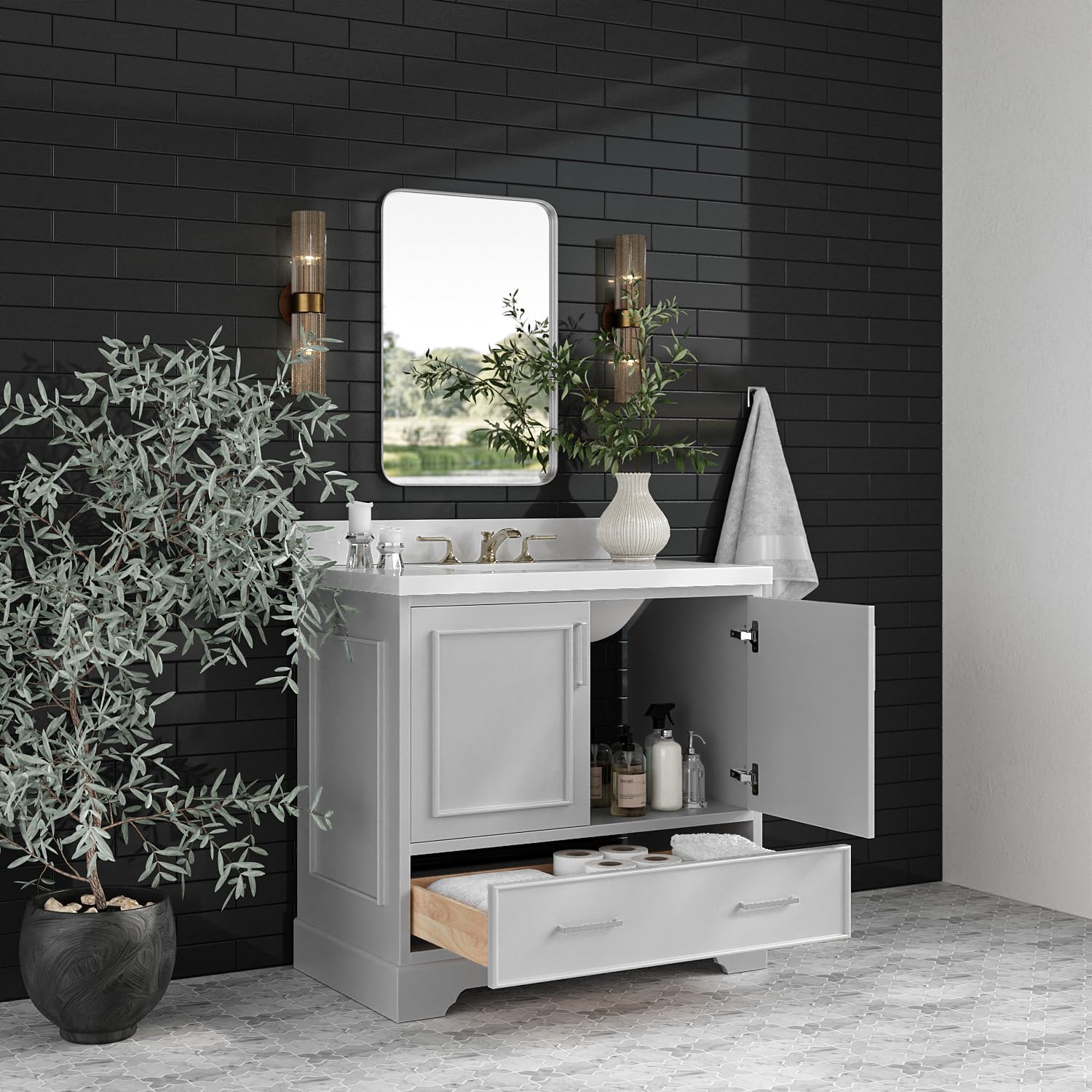 ARIEL Stafford 36-inch Bathroom Vanity with Sink,Solid Wood, 1.5-inch Pure White Quartz Countertop & Backsplash, Single Oval Porcelain Sink, 2 Soft Closing Doors, 1 Dovetail Drawers, Grey