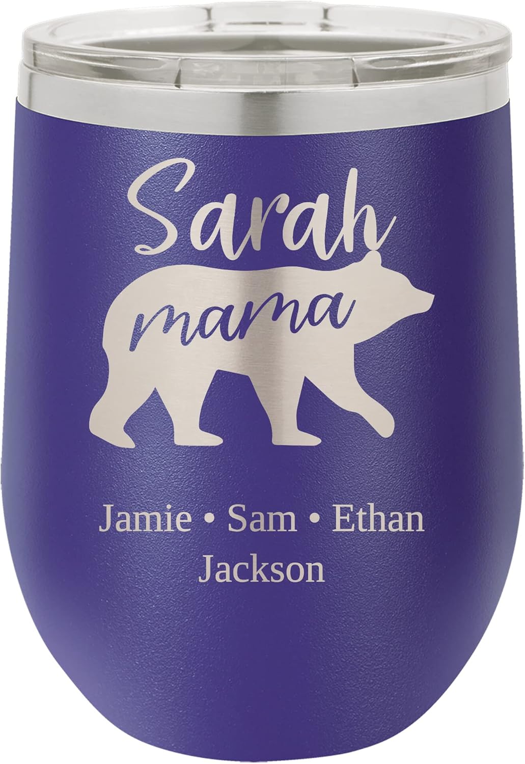 Personalized Mama Bear 12 oz Wine Tumbler Glass, Bear with Children's Name, Mother's Day Gift, Gift Box for Mom, New Mom, Laser Engraved, Vacuum Insulated, Stainless Steel, Includes Lid