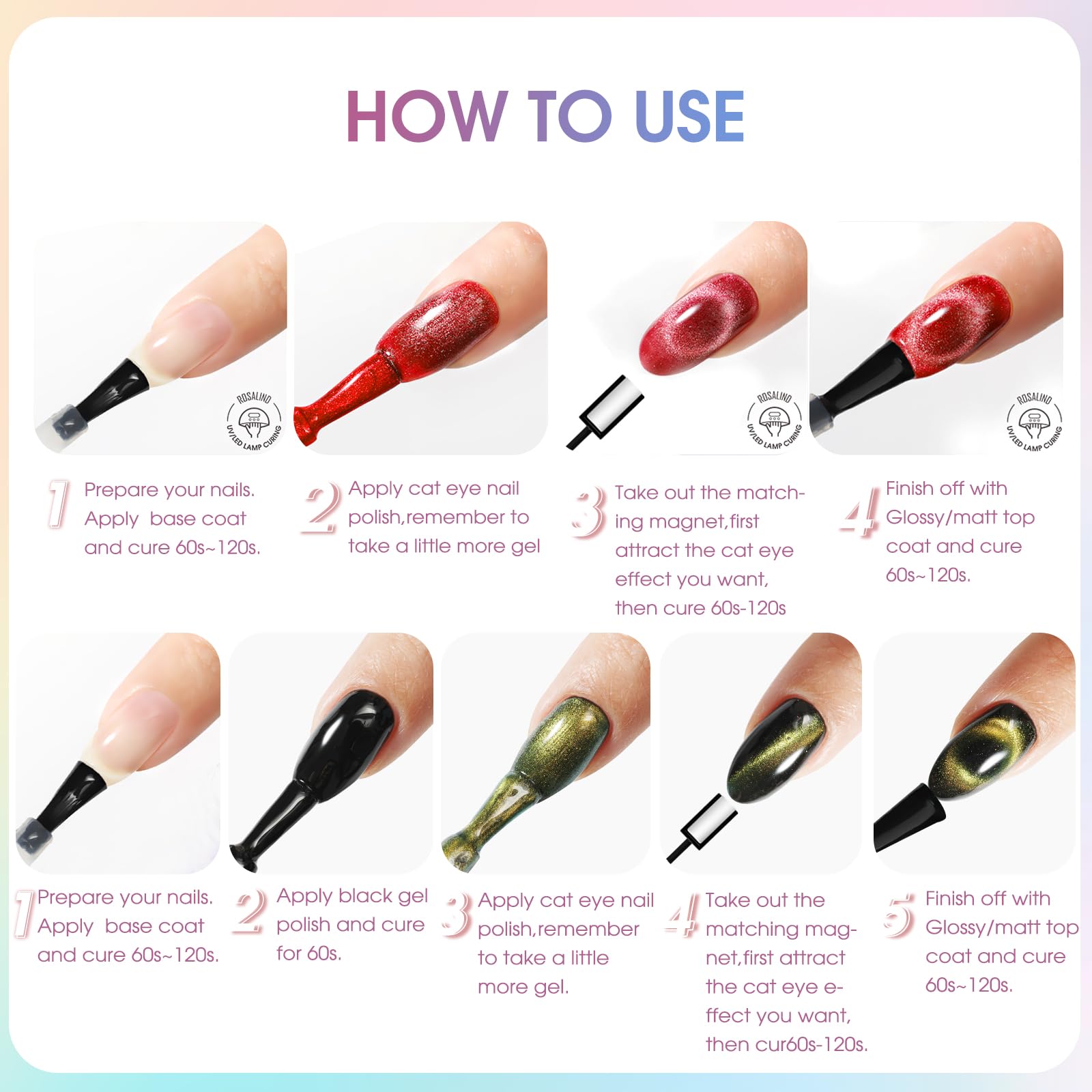 ROSALIND UV Nagellack Magnetisch Set,48Stück Rosa Rot Cat Eye Gel Nagellack