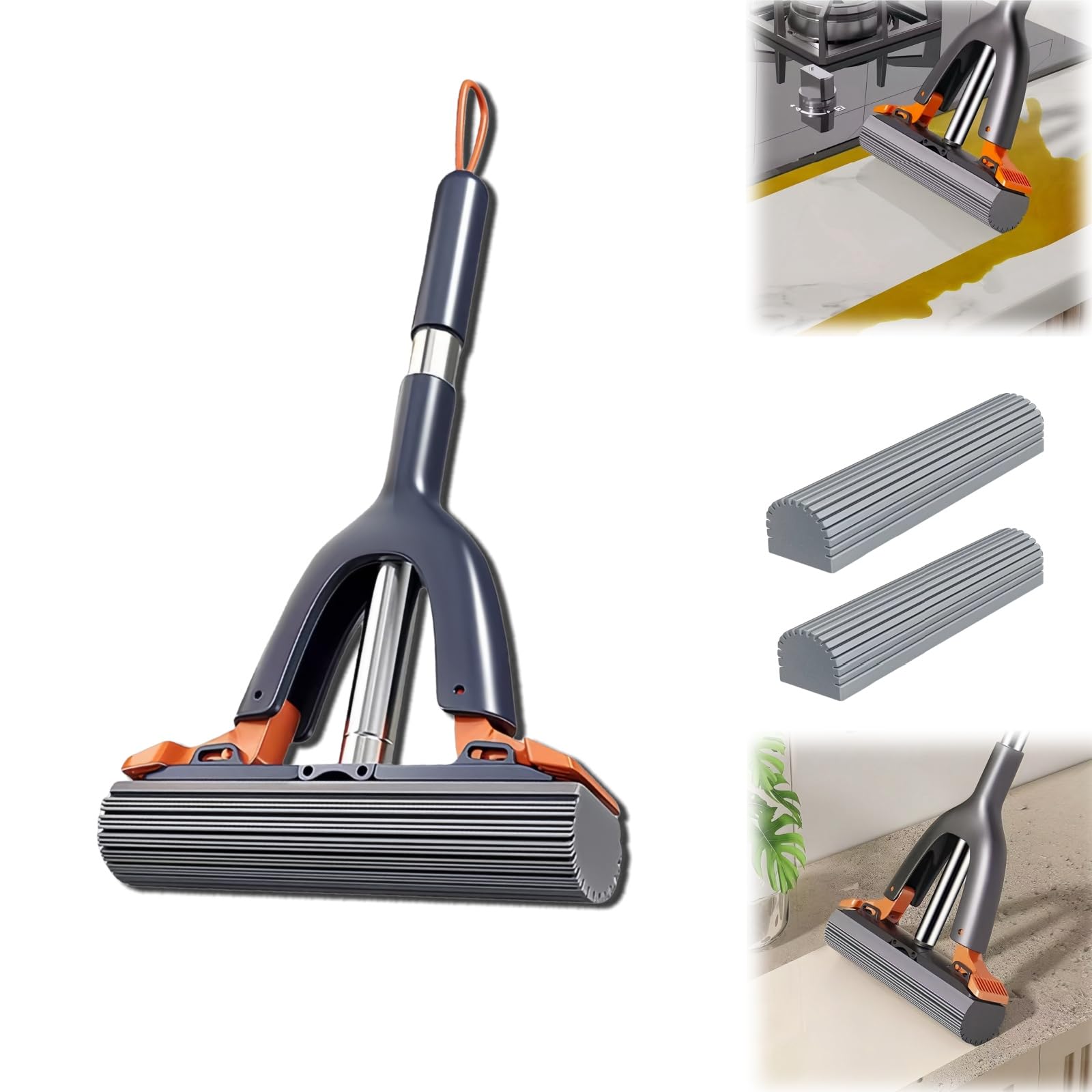 Portable Self-Squeeze Cleaning Mop,Lazy Tabletop mop and Stainless Steel Handle.Wet and Dry Use Cleaning System,Sponge Cotton Mops for Bathroom, Glass, Car.(2 Cotton Heads + 1 Squeeze Handle)