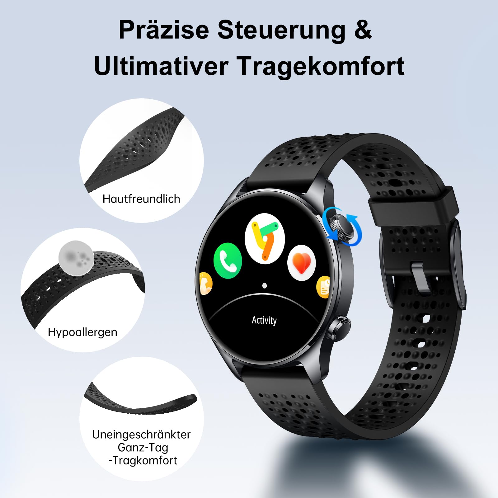 Smartwatch Herren mit GPS 30m Wasserdicht, Laufuhr für Android und iOS Blau | Herren Fitness Uhr Bluetooth Anruf Zolovip 1,44 Zoll AMOLED Rundes Display, Herzfrequenz/Schlaf/SpO2-Monitor, 100+ Sportmodi