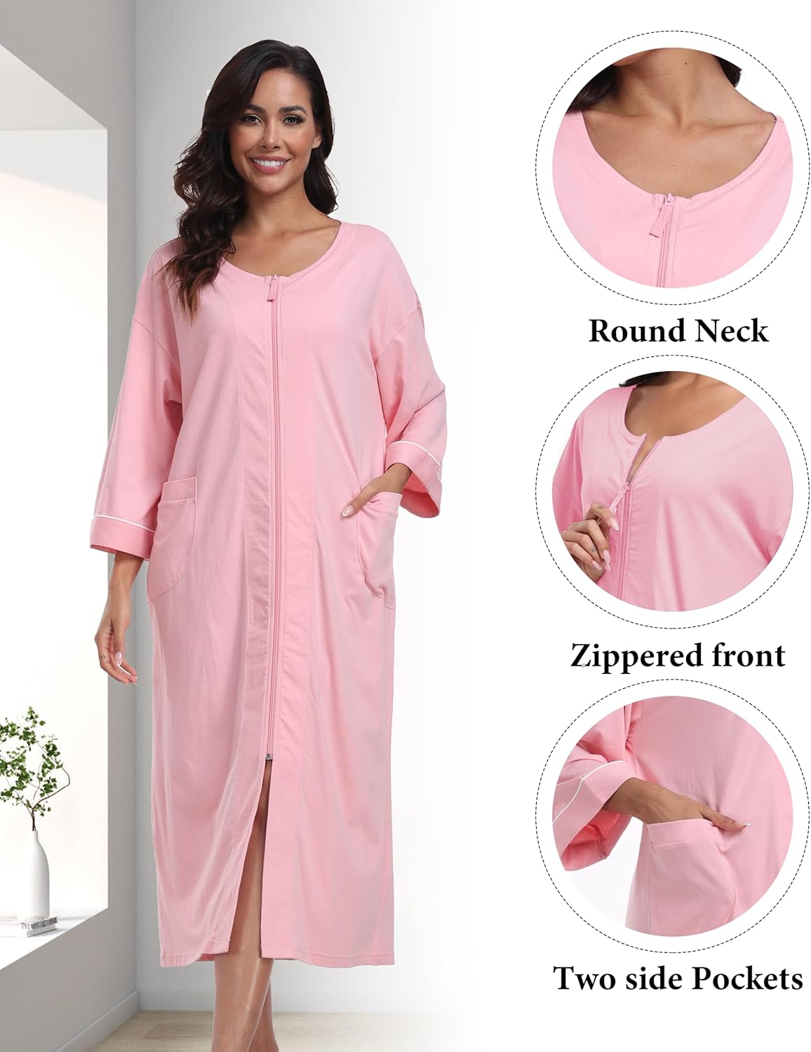 ANLIQI Women's 100% Cotton Robes Long Zipper Front House coats 3/4 Sleeve Bathrobes Lightweight Full Length Robe with Pockets - Image 5
