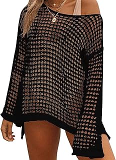 Vestido de Playa Mujer Bikini Cover Up Fuera del Hombro Elegante Crochet Mangas Largas Sueltas Playa Hueco Traje de Baño