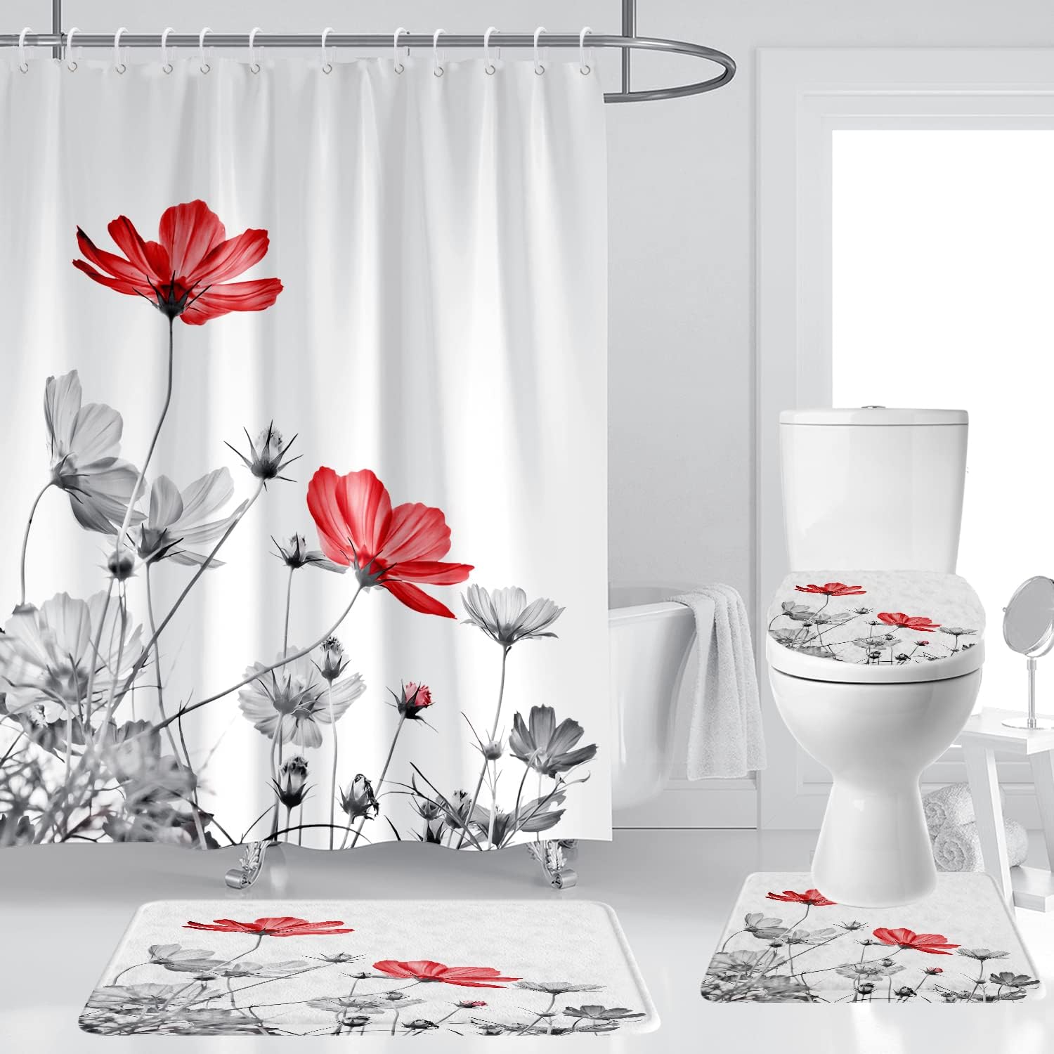 Red Flowers Shower Curtain Set 4Pcs White Gray Spring Daisy Floral Ink Painting Botanical Simple Elegance Bathroom Curtains Toilet Lid Cover U Shaped Mat Non-Slip Rug Fabric Polyester 60x72 Inch