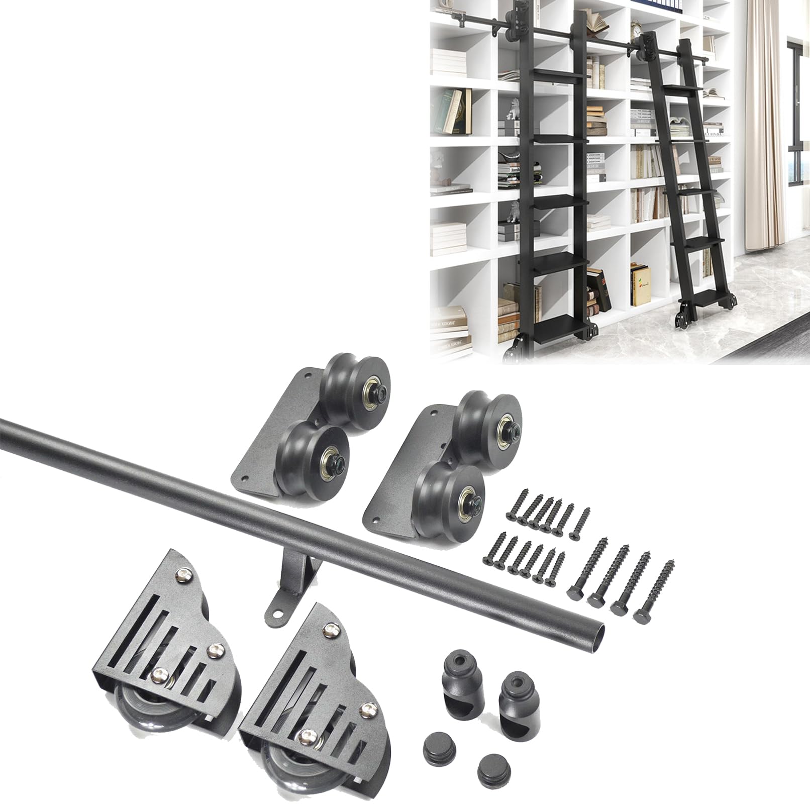 Kit De Quincaillerie Echelle De Bibliothèque Roulante, 200cm Ensemble Complet De Rouleaux De Sol avec Frein pour échelle coulissante Rail Kit avec roulettes Au Sol (sans échelle)