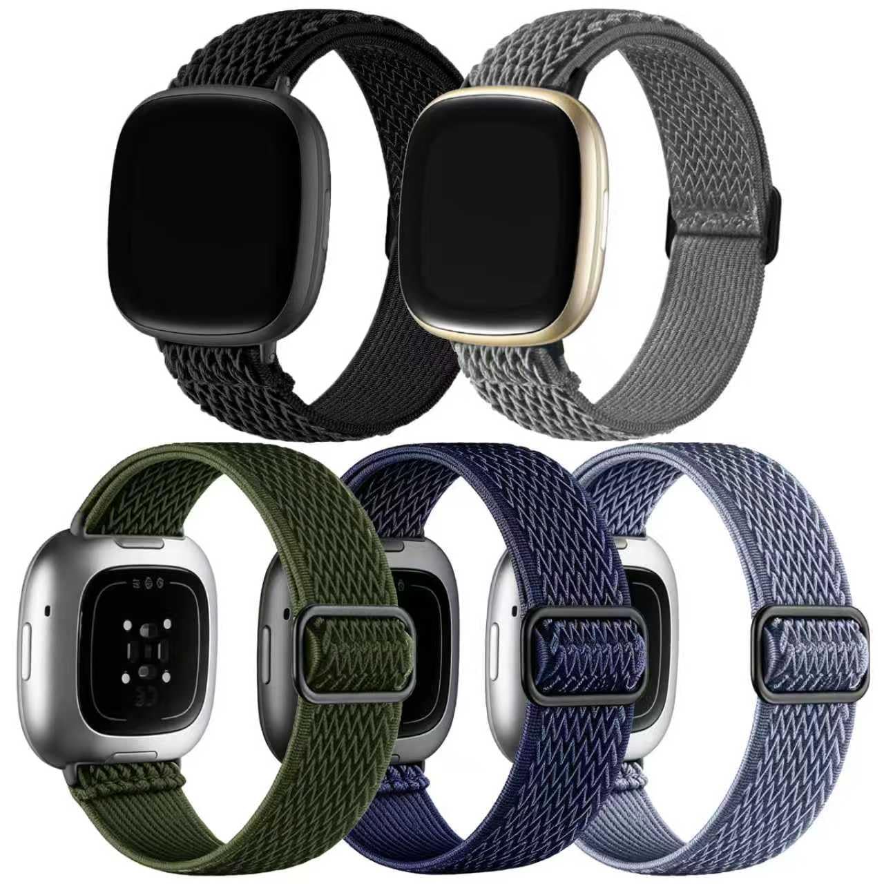 ZXgomg 5 pack nylon straps Compatibility for Fitbit Versa 4/Fitbit Sense 2/Fitbit Versa 3/Fitbit Sense. Adjustable and comfortable elastic nylon sports strap for women men — image 1