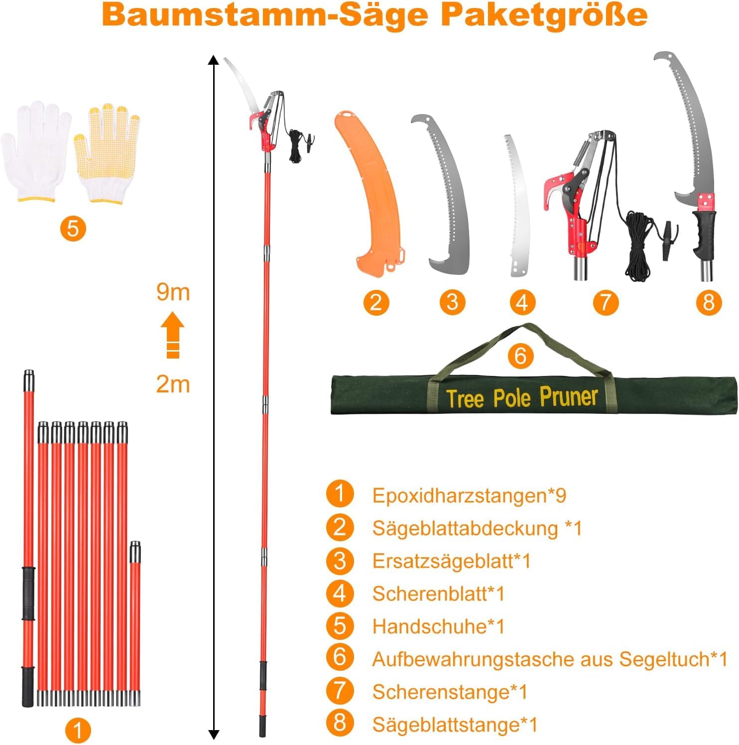 Coupe-Branches Télescopique 2-en-1 9m Perche en Fibre de Verre, Élagueur Professionnel avec Scie Acier 65Mn (∅10cm) et Sécateur à Poulie - Taille Arbres Fruitiers & Jardin