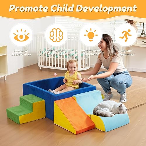 Miniatura 4 de STAOLENE Bloques de escalada de espuma suave con pozo de bolas, 6 juguetes de escalada de color para niños pequeños, juego de actividades de