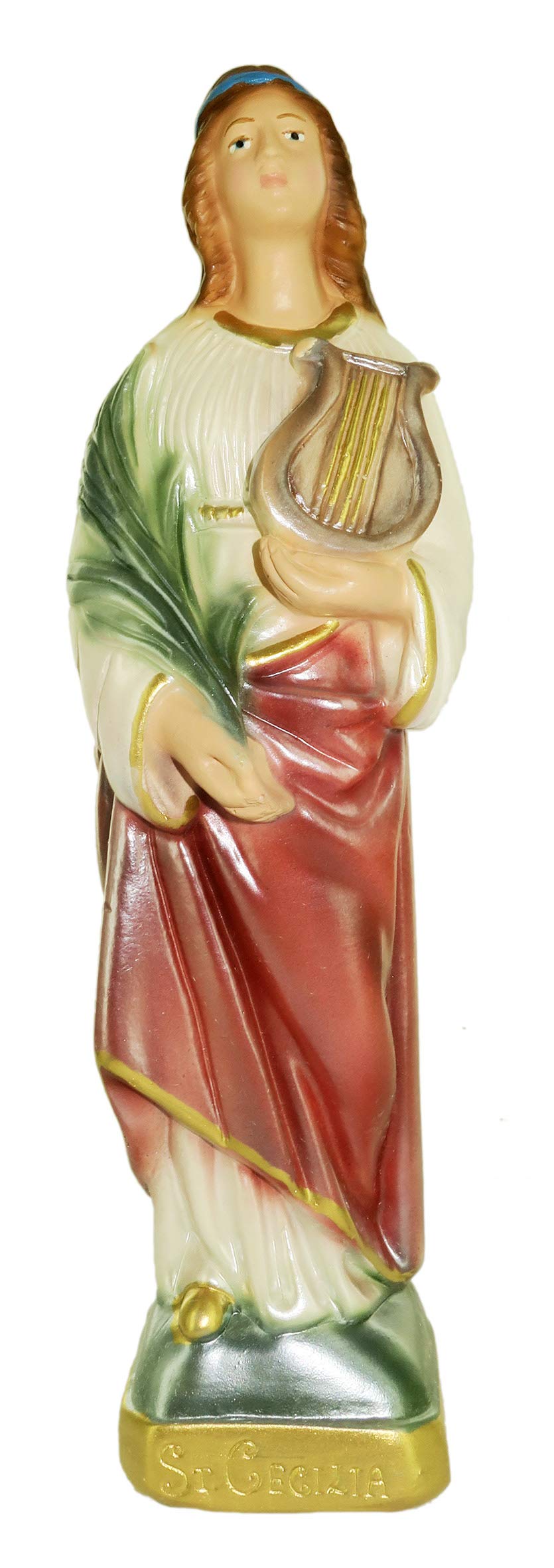 Ferrari & Arrighetti White,Pink Saint Cecilia Statue, Hand-Painted Nacred Plaster (Approx. 20 Cm)