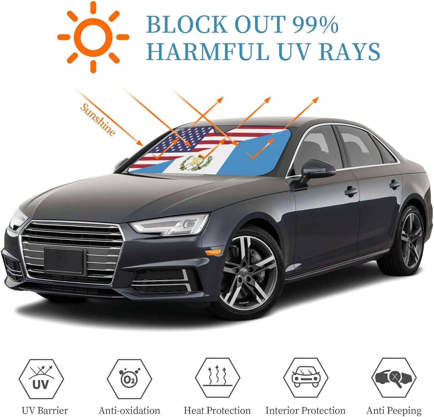 America Guatemala Friendship Flag Foldable Car Windshield Sunshade Blocks Heat and Sun Glare Uv Rays
