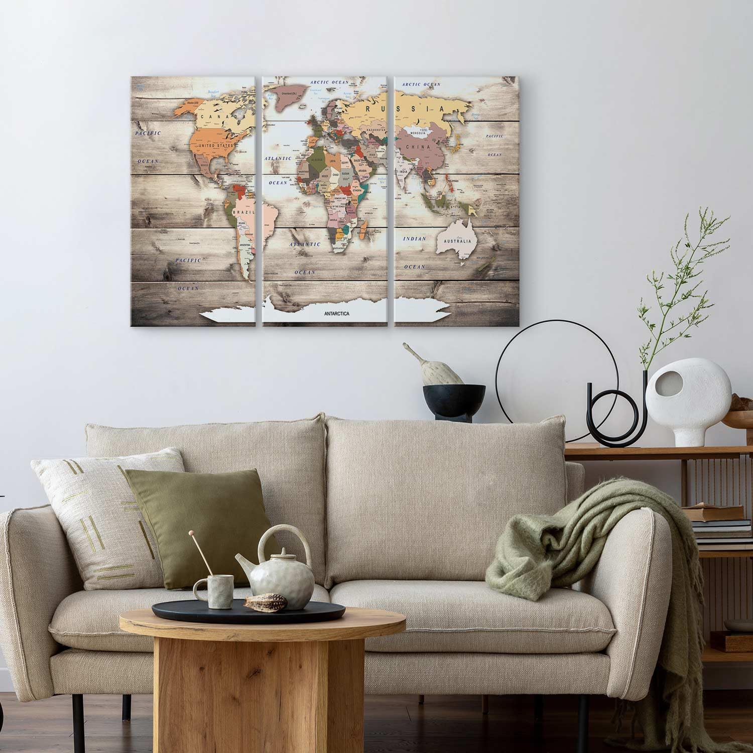 B&D XXL - Lavagna Di Sughero per Puntine - Mappa Mondo 120x80 cm 3 Pezzi - Bacheca Sughero da Parete & Quadri Componibili in un Uno - Grande Decorativo per Parete per le Note - Terra k-C-0035-p-g