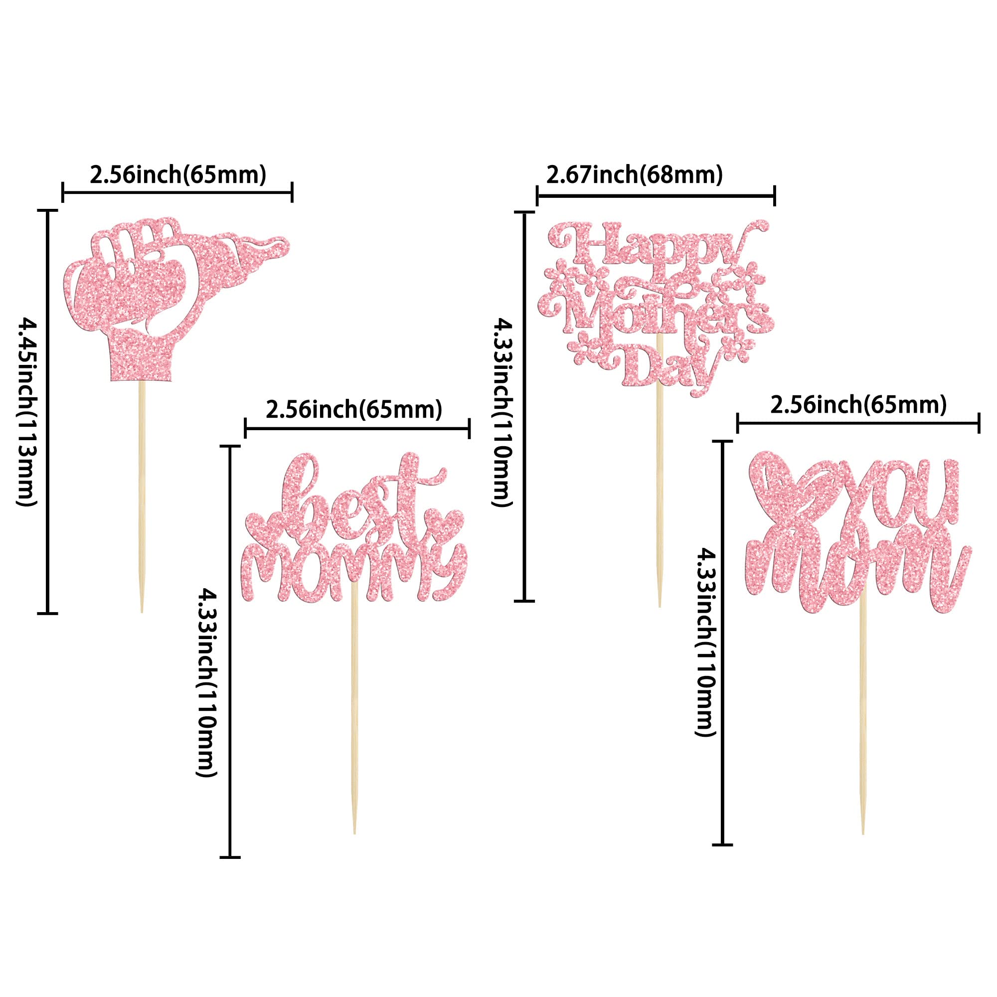 24Pcs Happy Mother's Day Cupcake Toppers Glitter Best Mom Cupcake Picks Love You Mom Cake Decorations for Happy Mother's Day Birthday Party Cake Decorations Supplies Pink