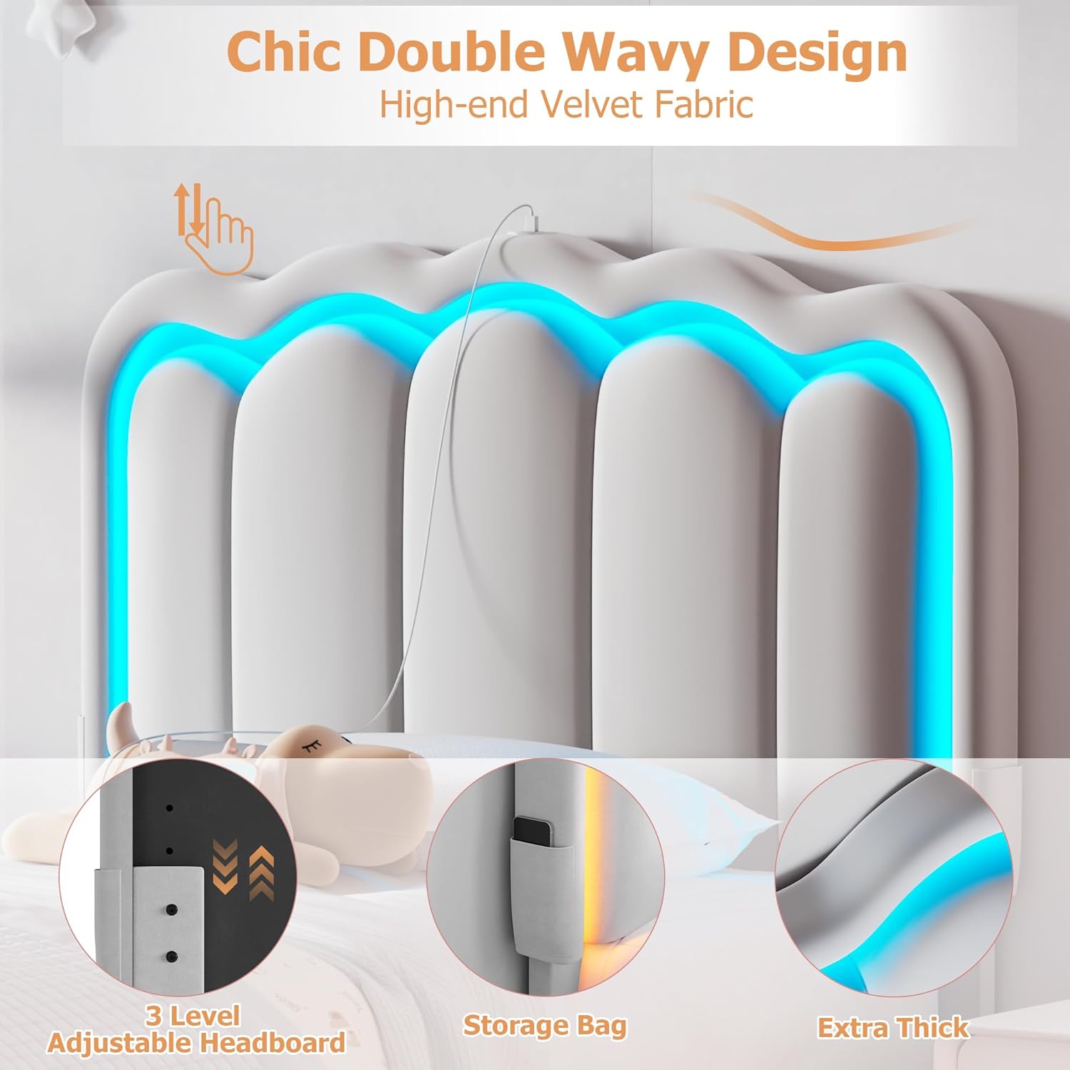 Image showing the LED lights on the headboard with app and remote control options.