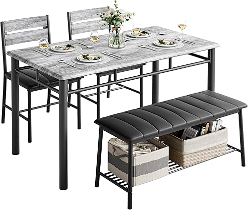 IRONCK Juego de mesa de comedor para 4, mesa de cocina con banco tapizado y 2 sillas, juego de mesa de cocina y sillas para espacio pequeño,