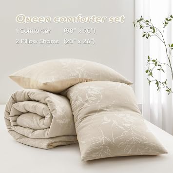 downluxe Queen Comforter Set - 3 Pieces Khaki Bedding Comforter Sets, Queen Botanical Flower Comforter, 1 Soft Reversible Floral Comforter and 2 Pillow Shams for All Seasons