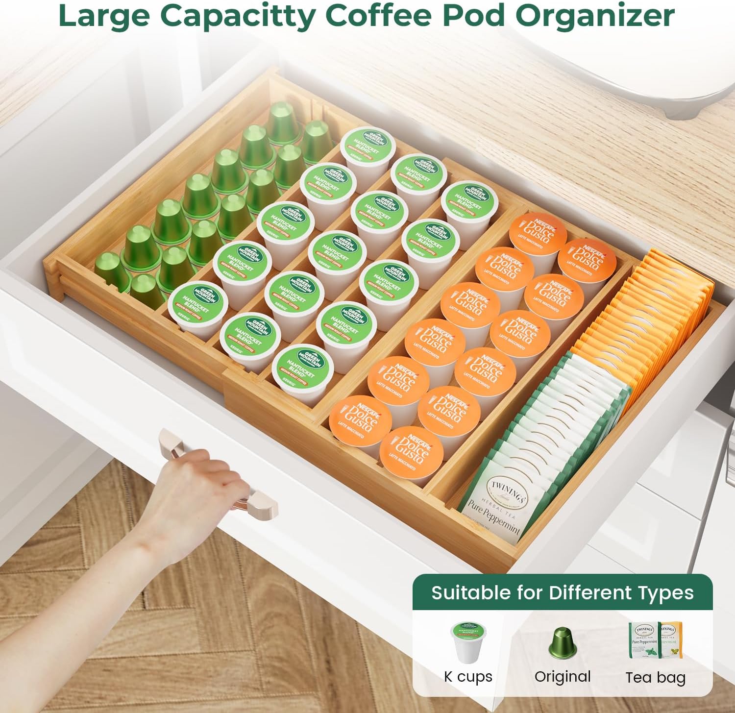 EsLuker.ly Bamboo Coffee Pod K Cup Holder Organizer for Drawer and Mug Hanger Rack with Hooks