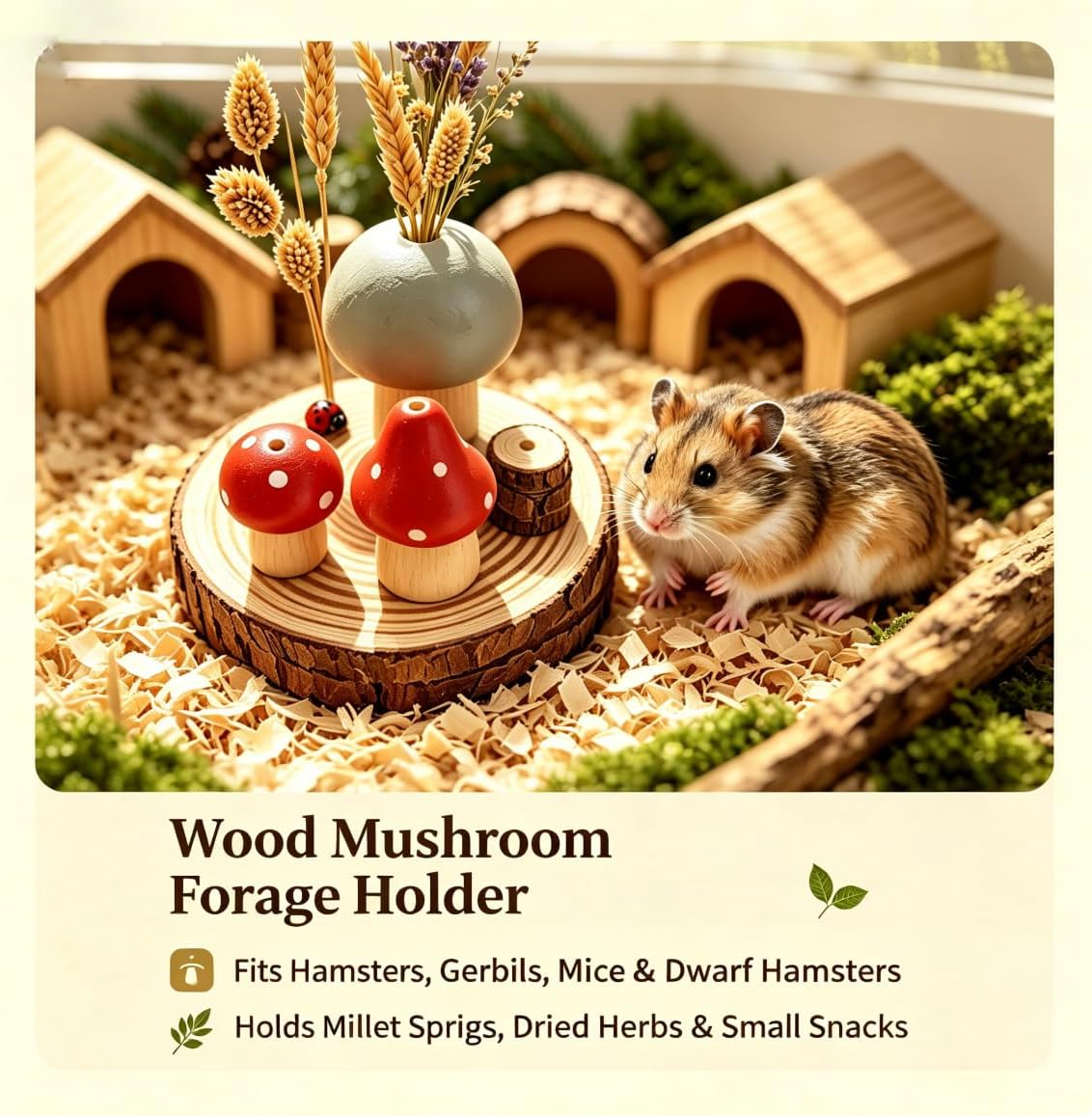 Wood Mushroom Hamster Forage Holder, Hamster Cage Accessories Cage Decor