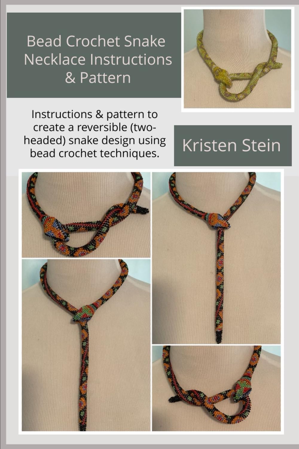 Bead Crochet Snake Necklace Instructions & Pattern: Instructions & pattern to create a reversible (two-headed) snake design using bead crochet techniques.