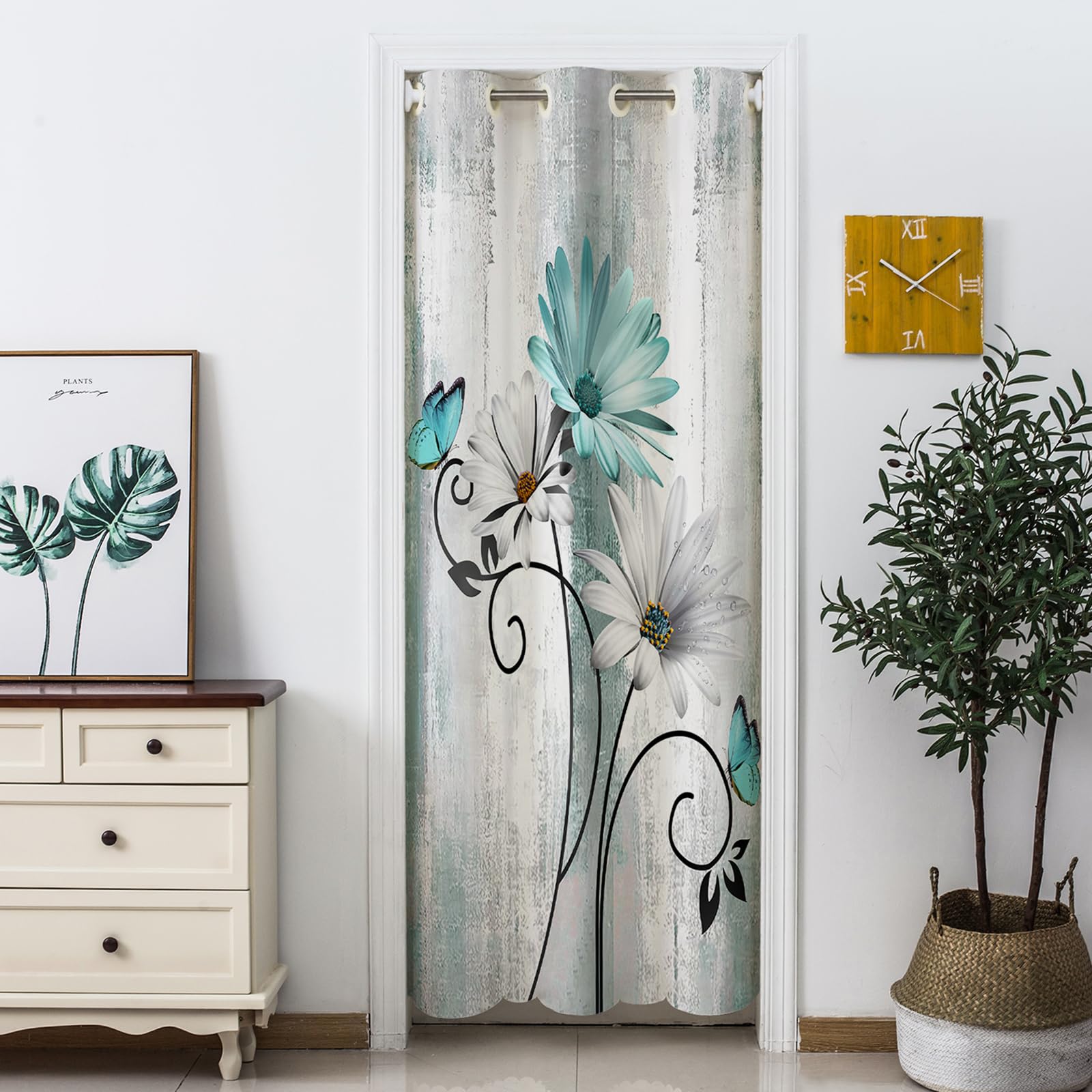Erosebridal Teal Daisy Door Curtain For Girls Women,Contemporary Flower Ombre Blackout Curtain,Rustic Oil Painting Doorway Curtain For Privacy,Butterfly Floral Room Divider Curtain,52" W X 80" L