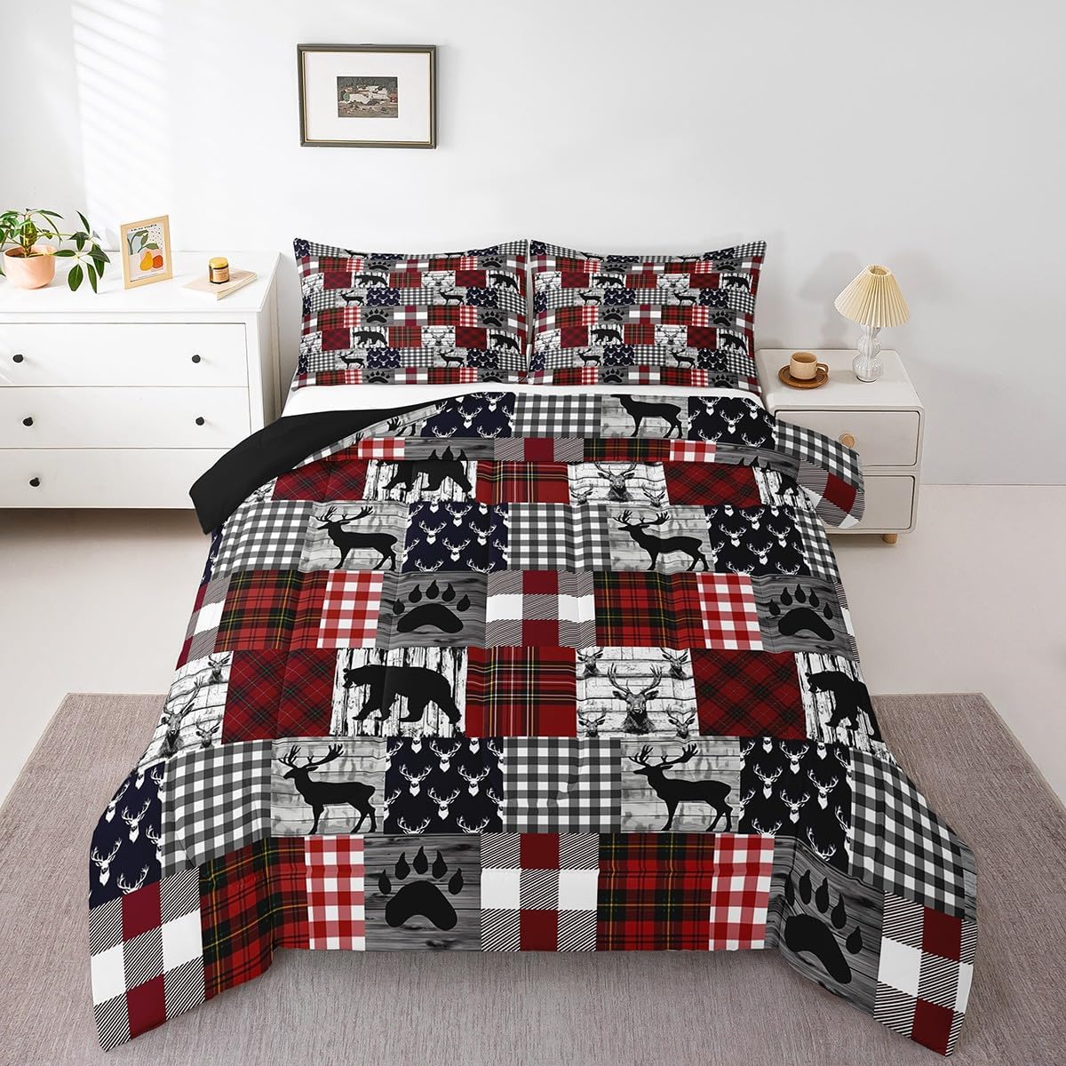 Erosebridal Rustic Patchwork Quilt,Checkered Buffalo Plaid Bedding Set for Kids Teens Adult,Woodland Wildlife Bear Moose Elk Pine Trees Pattern Queen Comforter Set Farmhouse Decorations,