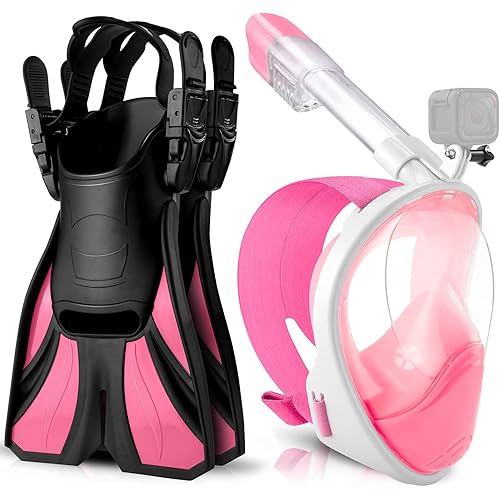 Odoland Snorkeling Packages, Full Face Snorkel Mask for Adults & Youth with Camera Mount, Adjustable Swim Fins, Anti-Fog Anti-Leak Diving Gear for Men Women Teens