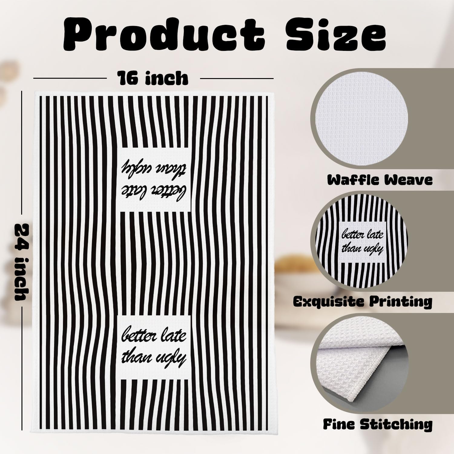Funny Striped Bathroom Decor - Minimalist Hand Towels for Bathroom Decor, Retro Black and White Hand Towels, Better Late Than Ugly, 16 X 24 Inch