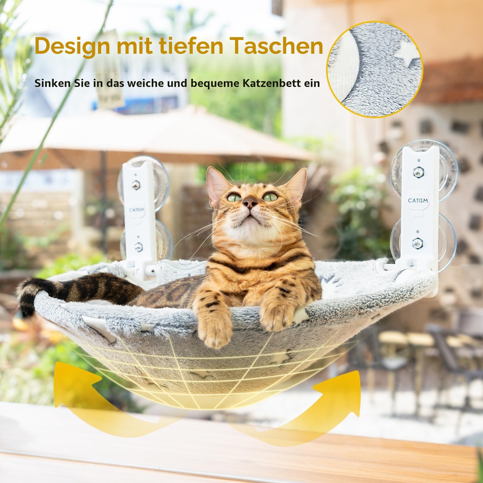 CATISM Faltbare Katzen Hängematte mit Leuchtende Sterne und Mond Bis zu 20kg, Katzen Fensterliege Fensterplätze mit Starken Saugnäpfen, Waschbarer Stoff, Leuchtende Katzenbett für Katze(50x36.5cm)