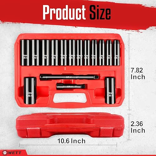 Miniatura 8 de WETT Juego de llaves de vaso de impacto profundo de 38 pulgadas, juego de llaves de vaso métricas de 16 piezas, 6 puntos, acero Cr-V, llaves de vaso